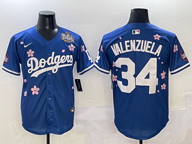 Men Los Angeles Dodgers #34 Valenzuela Blue Sakura Edition 2025 Nike MLB Jersey style 6